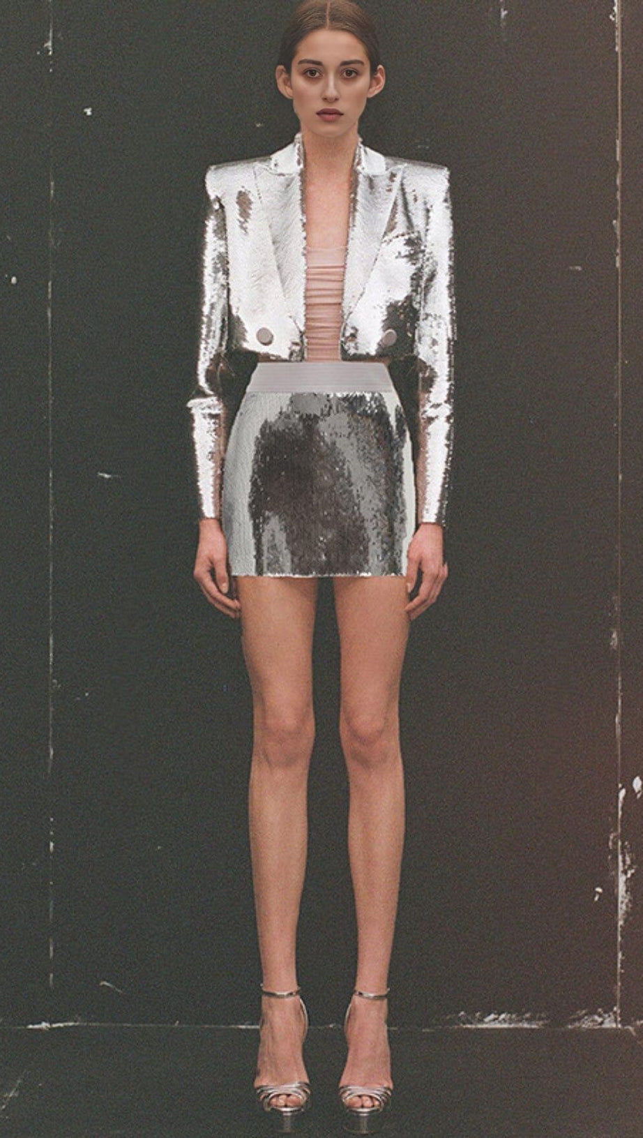 SEQUIN SHORT TWO PIECES SUIT IN SLIVER