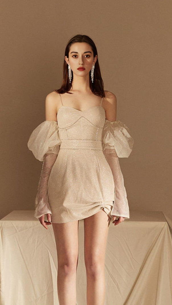 AIIZIE STRAPLESS BUBBLE SLEEVE DRESS IN BEIGE - product image