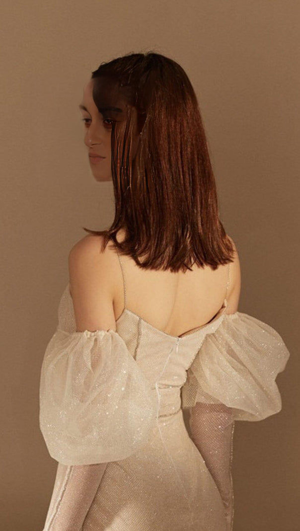 AIIZIE STRAPLESS BUBBLE SLEEVE DRESS IN BEIGE - product image