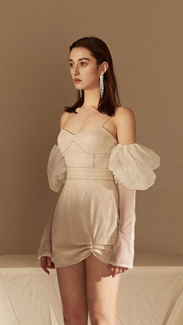 AIIZIE STRAPLESS BUBBLE SLEEVE DRESS IN BEIGE - product image