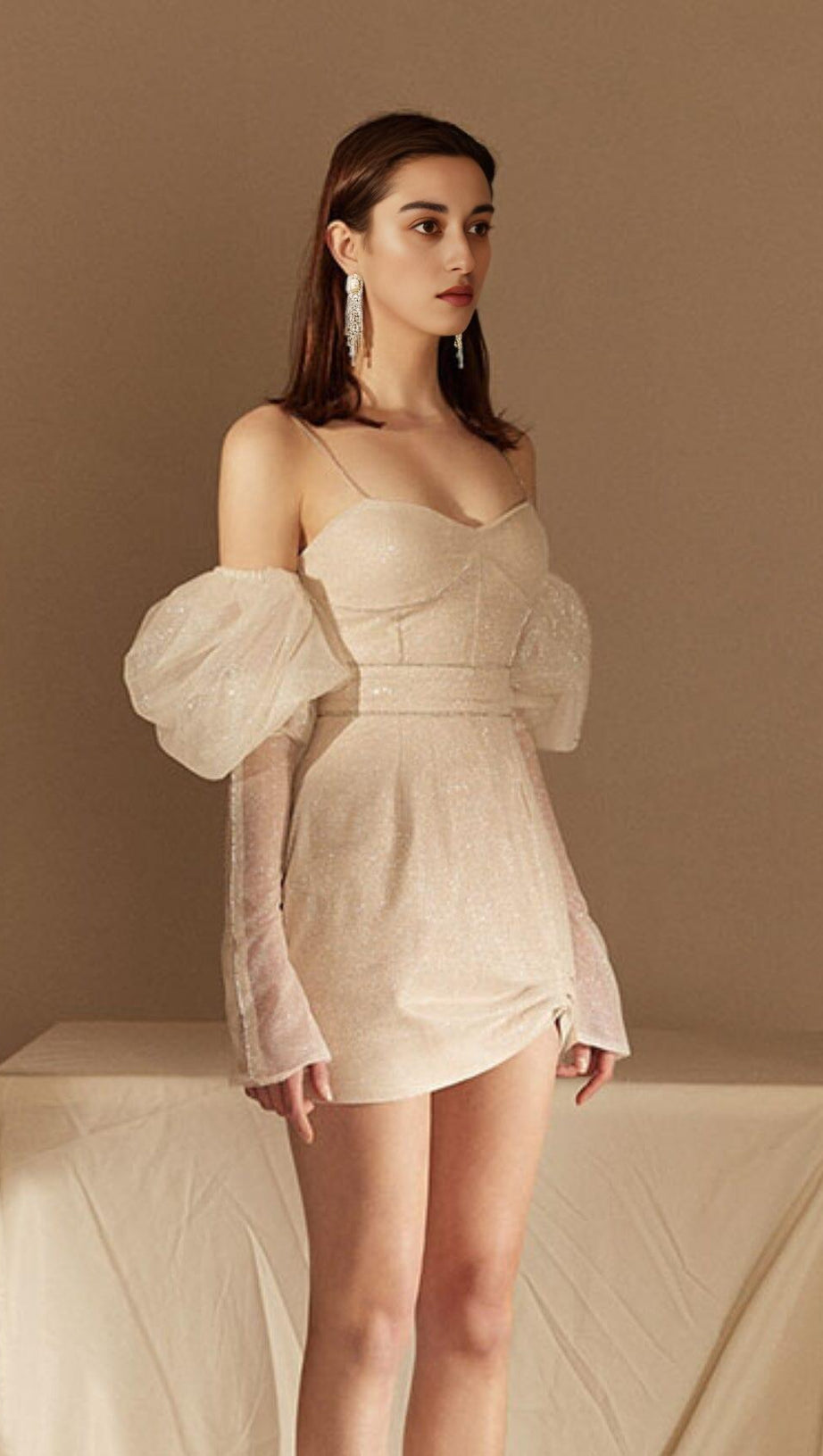 STRAPLESS BUBBLE SLEEVE DRESS IN BEIGE