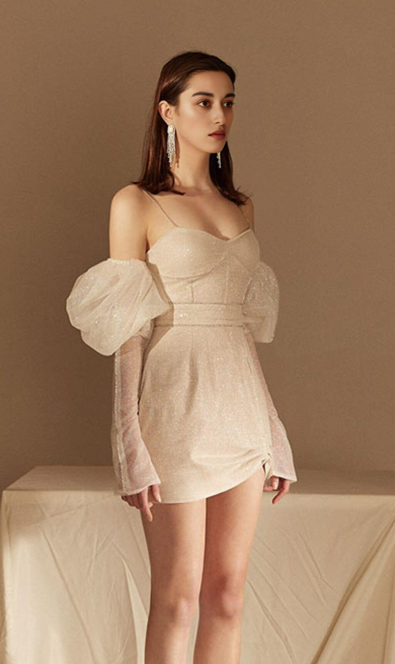 STRAPLESS BUBBLE SLEEVE DRESS IN BEIGE