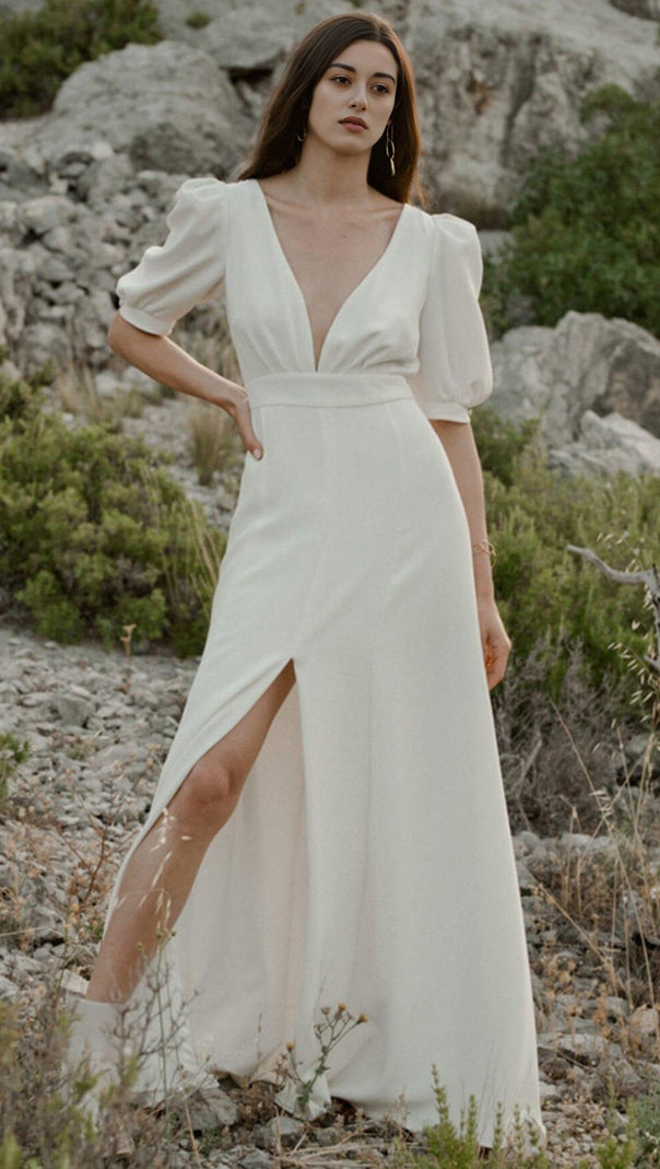 AIIZIE DEEP V HIGH SPLIT MAXI DRESS IN WHITE - product image