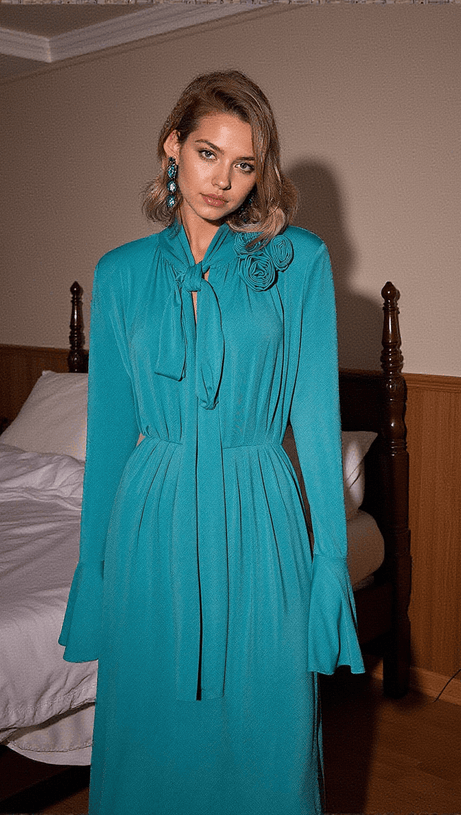 Benton – Langärmliges Maxikleid mit Blumenverzierung in Blau