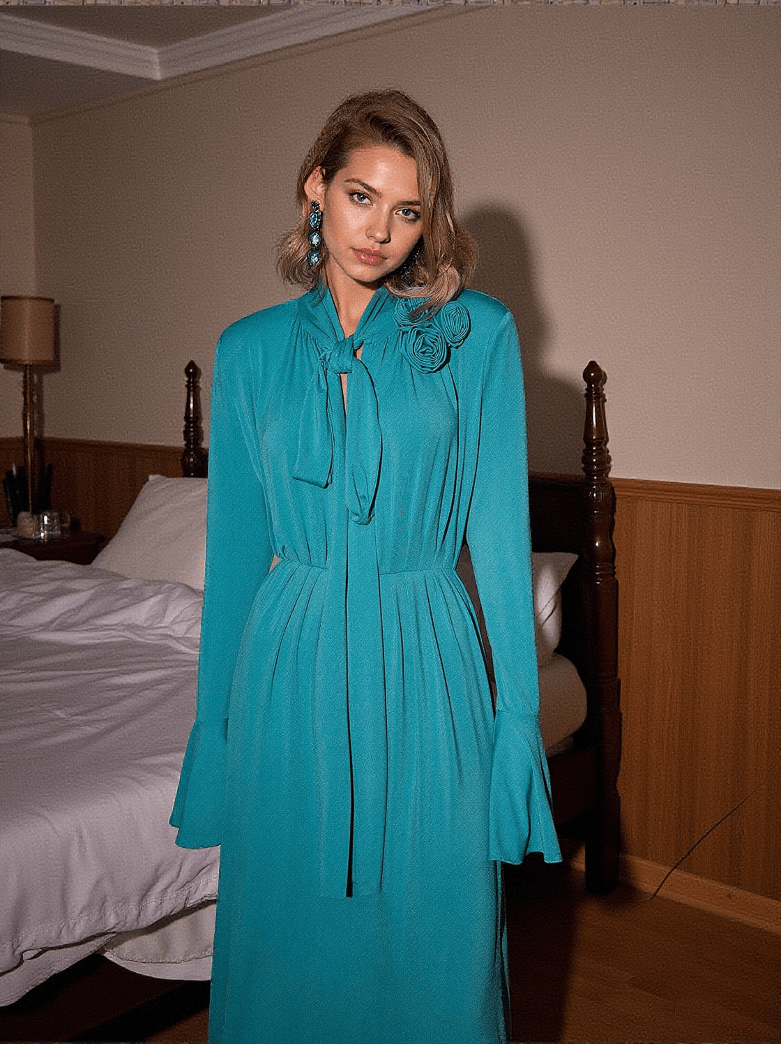 Benton – Langärmliges Maxikleid mit Blumenverzierung in Blau