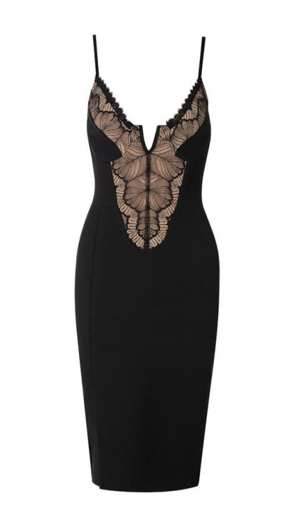 AIIZIE LOW-CUT FLORAL SPLICING SLIT DRESS IN BLACK - product image