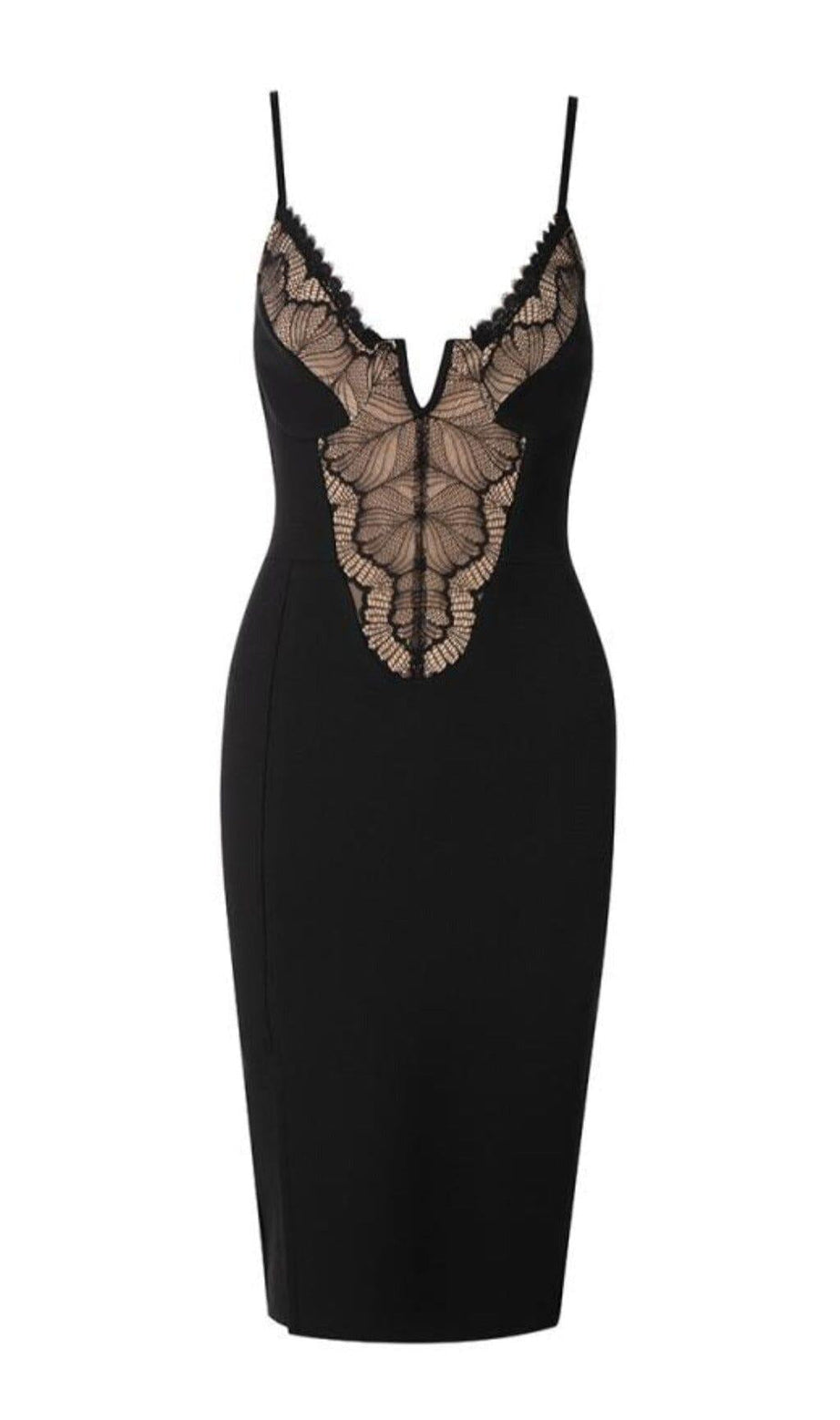 LOW-CUT FLORAL SPLICING SLIT DRESS IN BLACK