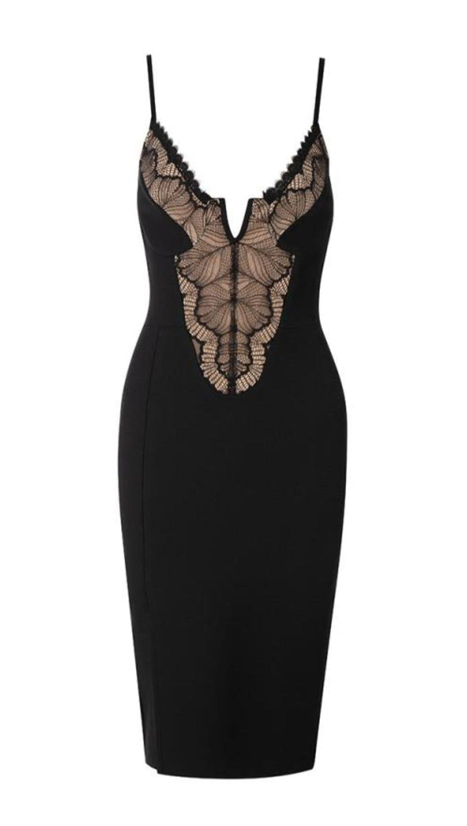 LOW-CUT FLORAL SPLICING SLIT DRESS IN BLACK