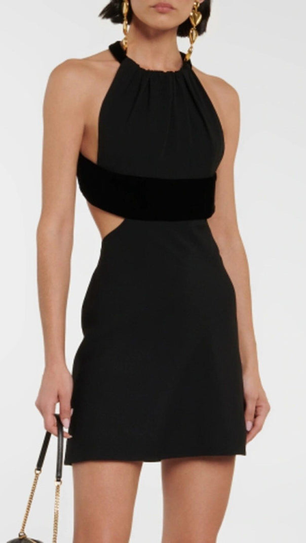 AIIZIE HANGING NECK BACKLESS WAIST HOLLOWED OUT DRESS IN BLACK - product image