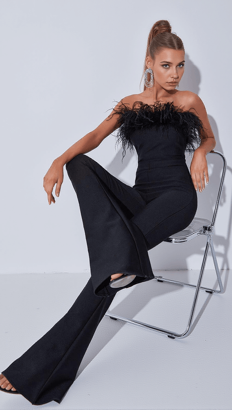 PADMA BANDEAU FEATHER BANDAGE JUMPSUIT IN BLACK