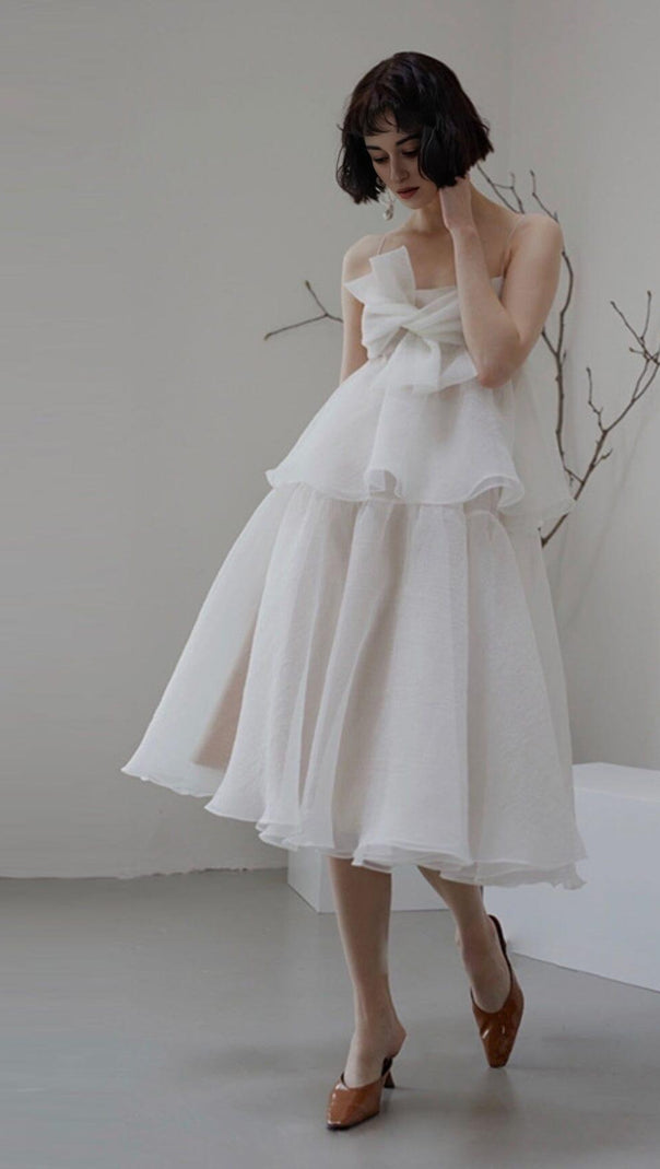 AIIZIE SUSPENDER BOW STRAPLESS SEERSUCKER DRESS IN WHITE - product image