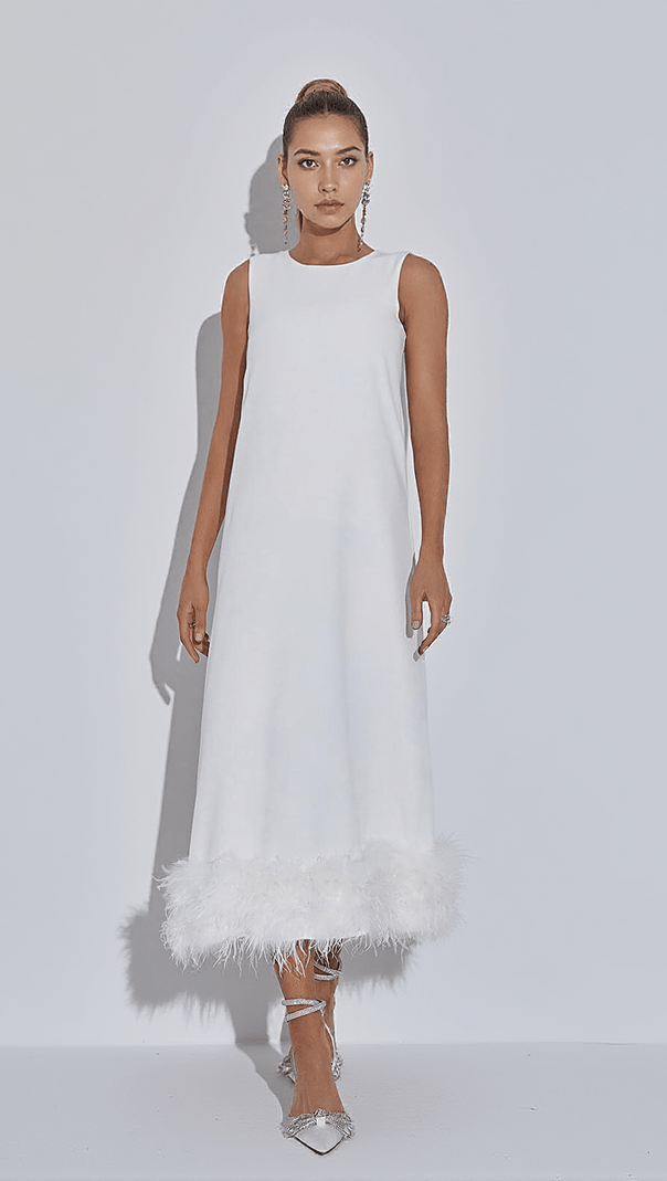 AIIZIE NISHA FEATHER MIDI DRESS IN WHITE - product image