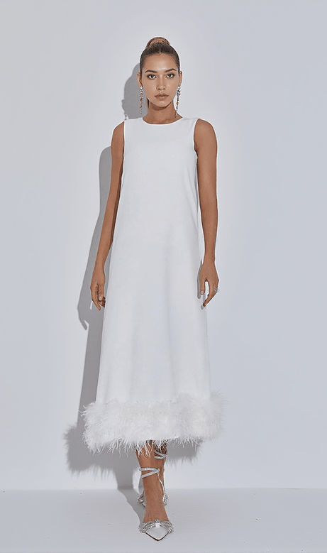 Nisha Feather Midi Dress In White
