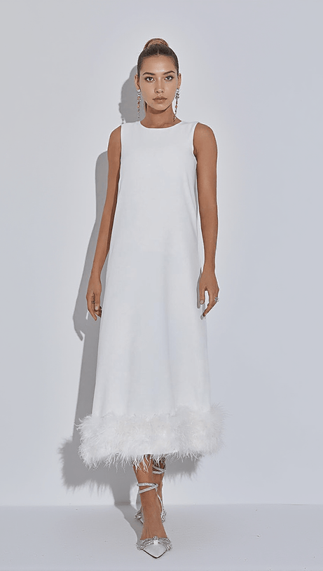 NISHA FEATHER MIDI DRESS IN WHITE