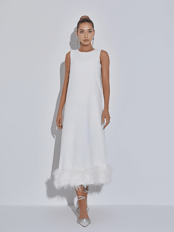 Nisha Feather Midi Dress In White