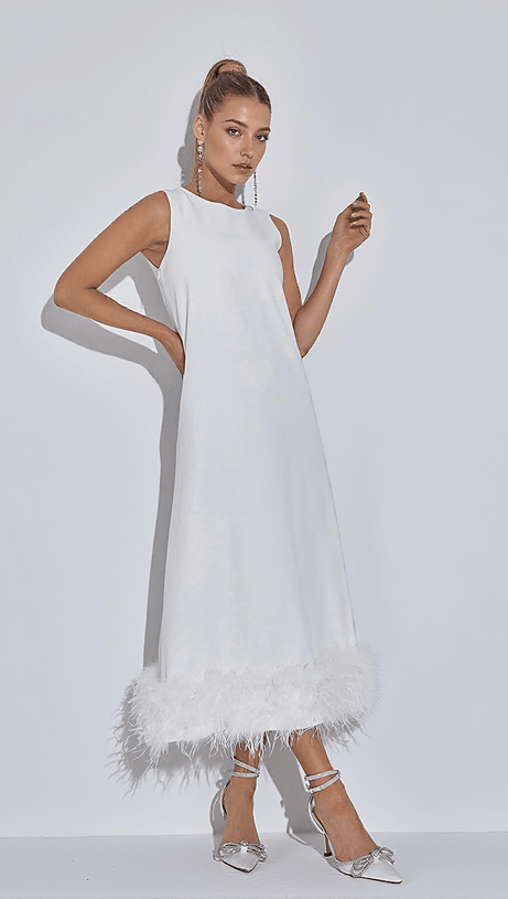 ABITO MIDI NISHA CON PIUME IN BIANCO