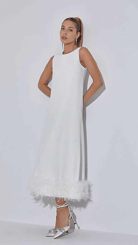 ABITO MIDI NISHA CON PIUME IN BIANCO