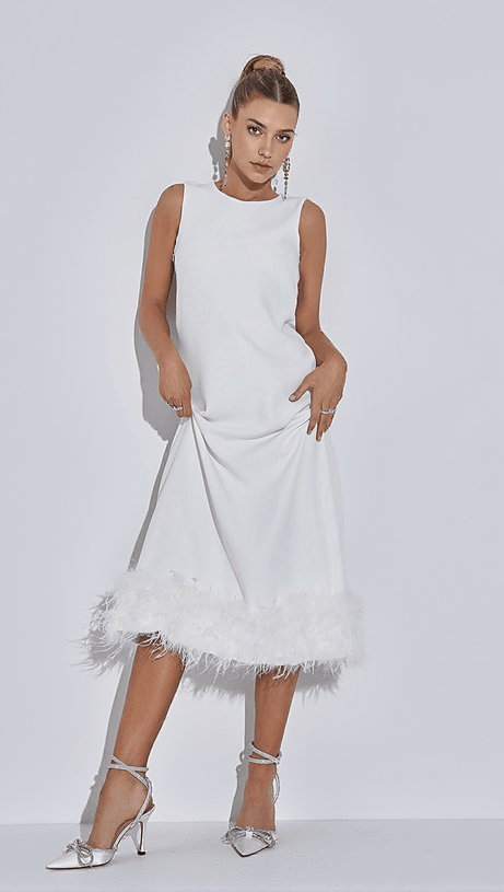ABITO MIDI NISHA CON PIUME IN BIANCO