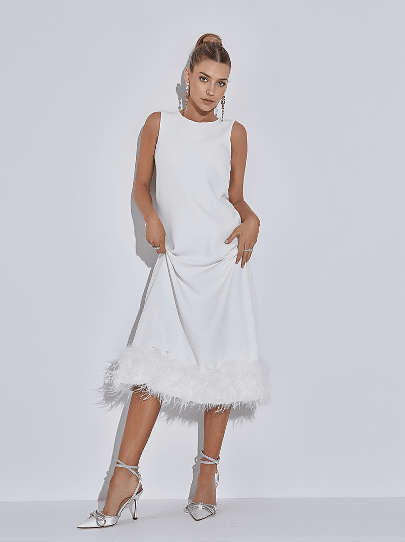 Nisha Feather Midi Dress In White