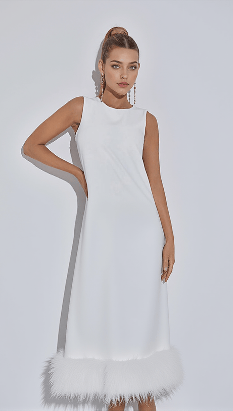 ABITO MIDI NISHA CON PIUME IN BIANCO