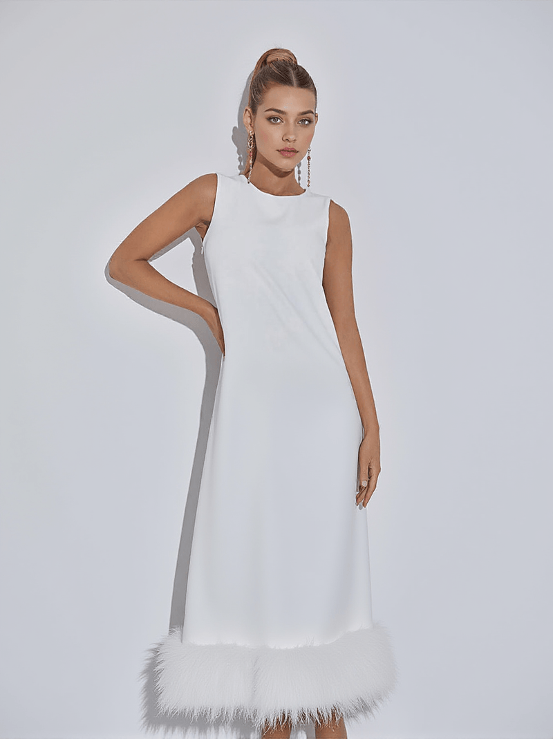 Nisha Feather Midi Dress In White