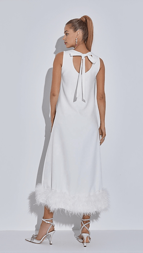 ABITO MIDI NISHA CON PIUME IN BIANCO