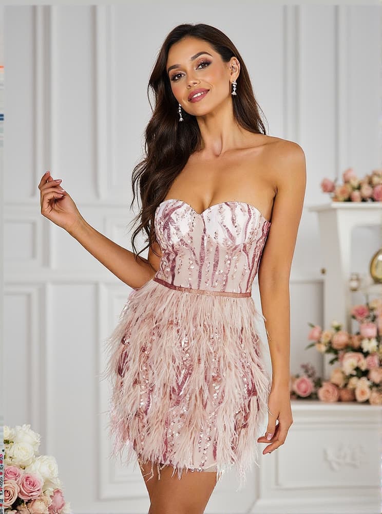 Ashlyn Strapless Feather Sequin Mini Dress