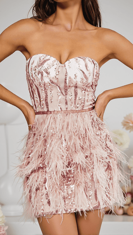 ASHLYN MINI ABITO SENZA SPALLINE CON PIUME E PAILLETTES