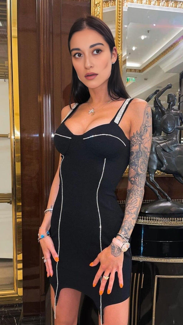 AIIZIE BANDAGE WITH DIAMONDS SEXY HALTER MINI DRESS IN BLACK - product image