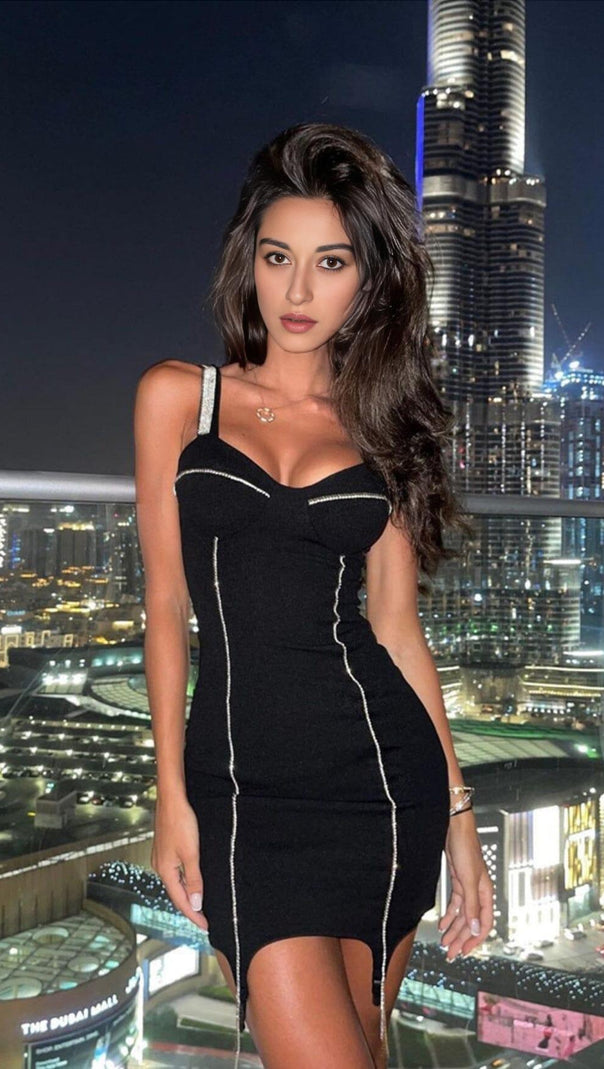 AIIZIE BANDAGE WITH DIAMONDS SEXY HALTER MINI DRESS IN BLACK - product image