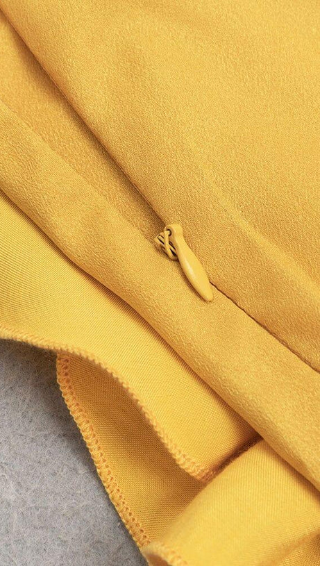 YELLOW MOCK NECK RUFFLE TRIM DRAPED DETAIL SATIN DRESS