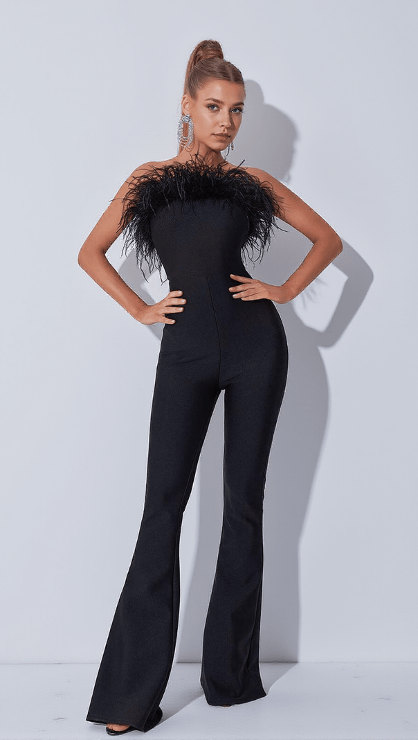 AIIZIE PADMA BANDEAU FEATHER BANDAGE JUMPSUIT IN BLACK - product image
