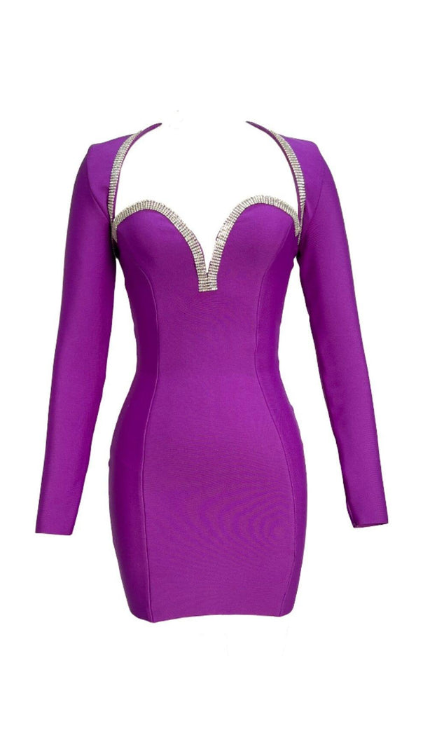 AIIZIE BANDAGE TWO PIECE DIAMOND ENCRUSTED RUFFLE SEXY MINI DRESS IN PURPLE - product image