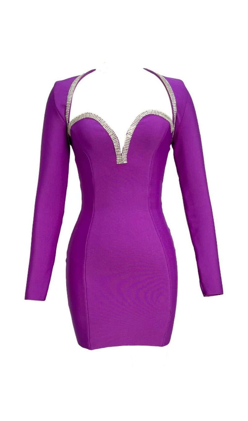 BANDAGE TWO PIECE DIAMOND ENCRUSTED RUFFLE SEXY MINI DRESS IN PURPLE