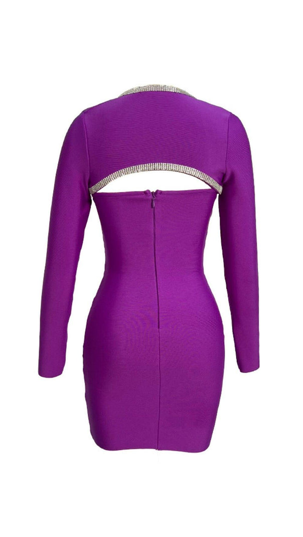 AIIZIE BANDAGE TWO PIECE DIAMOND ENCRUSTED RUFFLE SEXY MINI DRESS IN PURPLE - product image