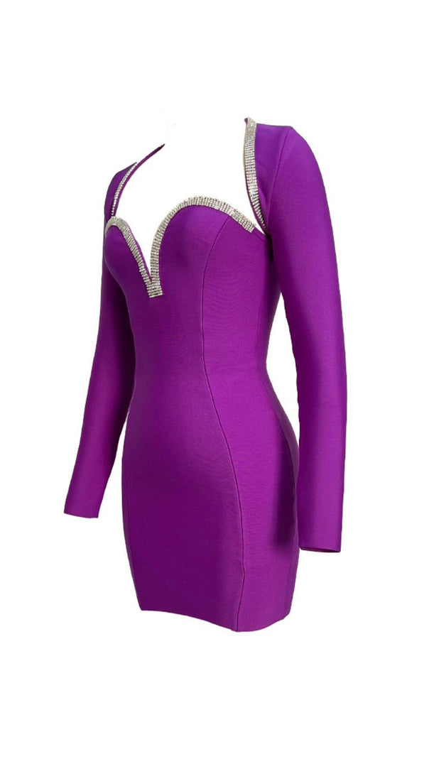 AIIZIE BANDAGE TWO PIECE DIAMOND ENCRUSTED RUFFLE SEXY MINI DRESS IN PURPLE - product image