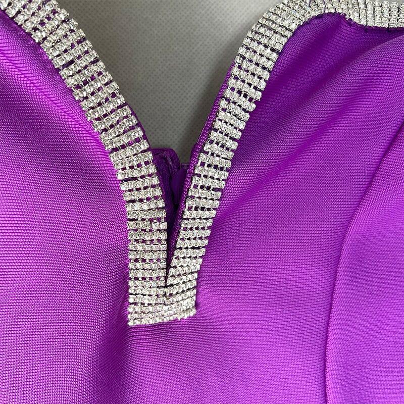 BANDAGE TWO PIECE DIAMOND ENCRUSTED RUFFLE SEXY MINI DRESS IN PURPLE