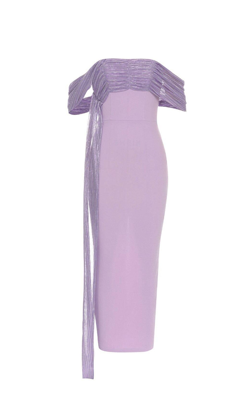 PURPLE ONE-SHOULDER MAXI DRESS WITH RIGHT DROPPED SLEEVES