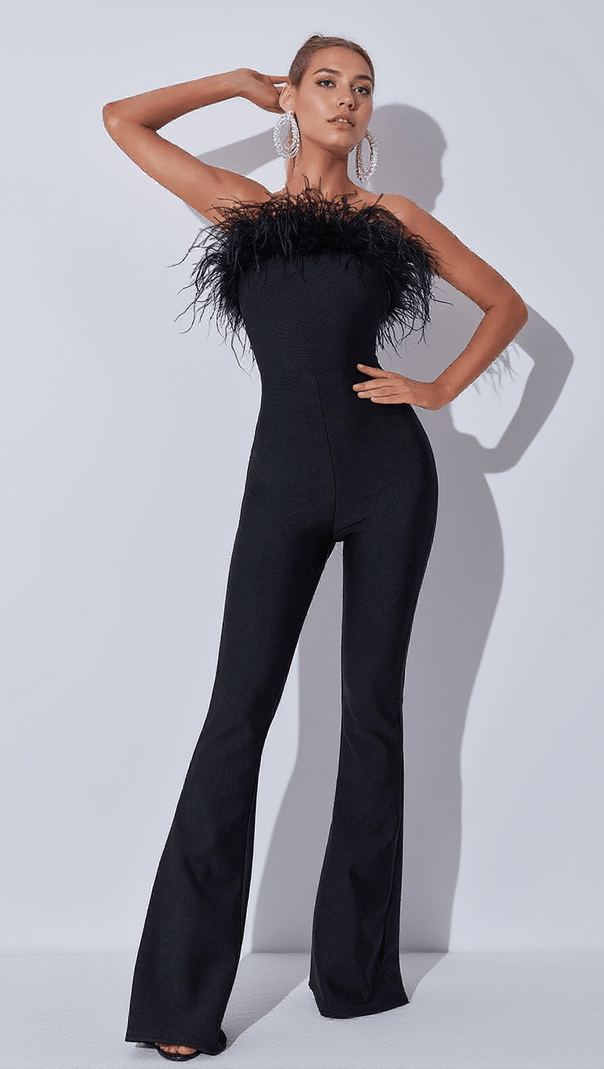 AIIZIE PADMA BANDEAU FEATHER BANDAGE JUMPSUIT IN BLACK - product image