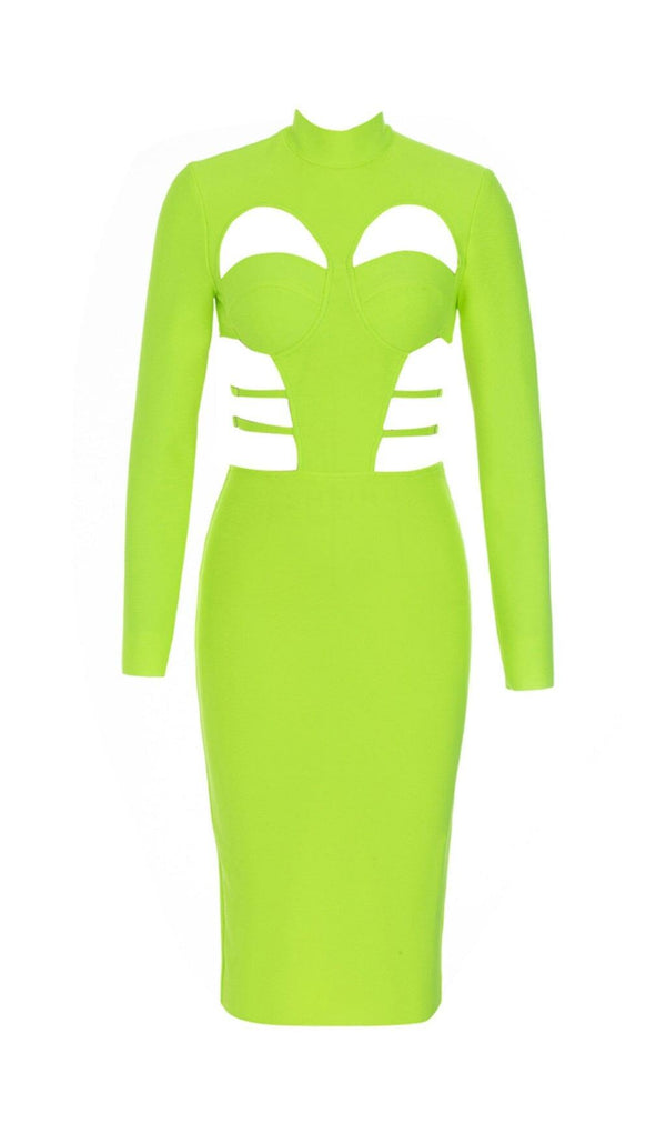 FLUORESCENT GREEN WAIST CUT-OUT SLIM-FIT DRESS