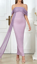 PURPLE ONE-SHOULDER MAXI DRESS WITH RIGHT DROPPED SLEEVES