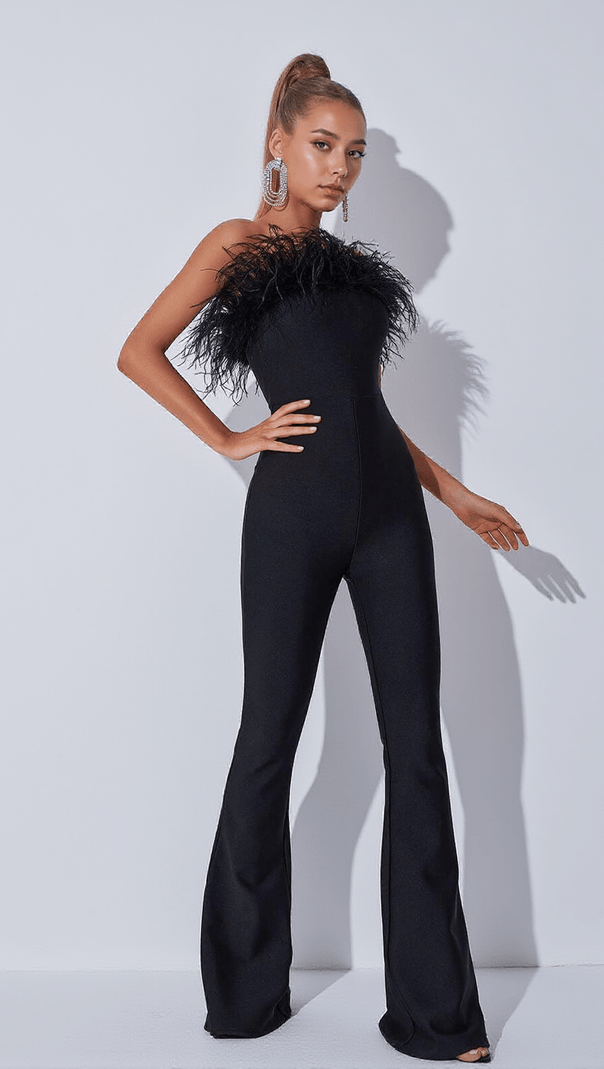 AIIZIE PADMA BANDEAU FEATHER BANDAGE JUMPSUIT IN BLACK - product image