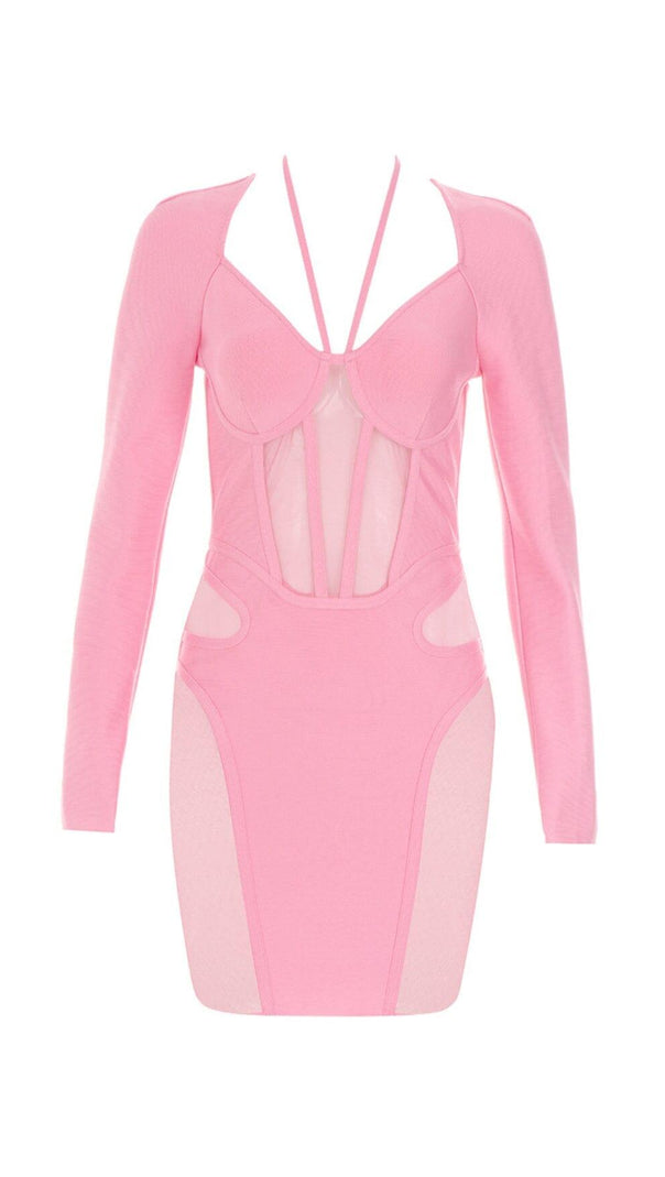 AIIZIE BARBIE PINK MESH FABRIC STITCHED SQUARE-NECK HALTERNECK DRESS - product image