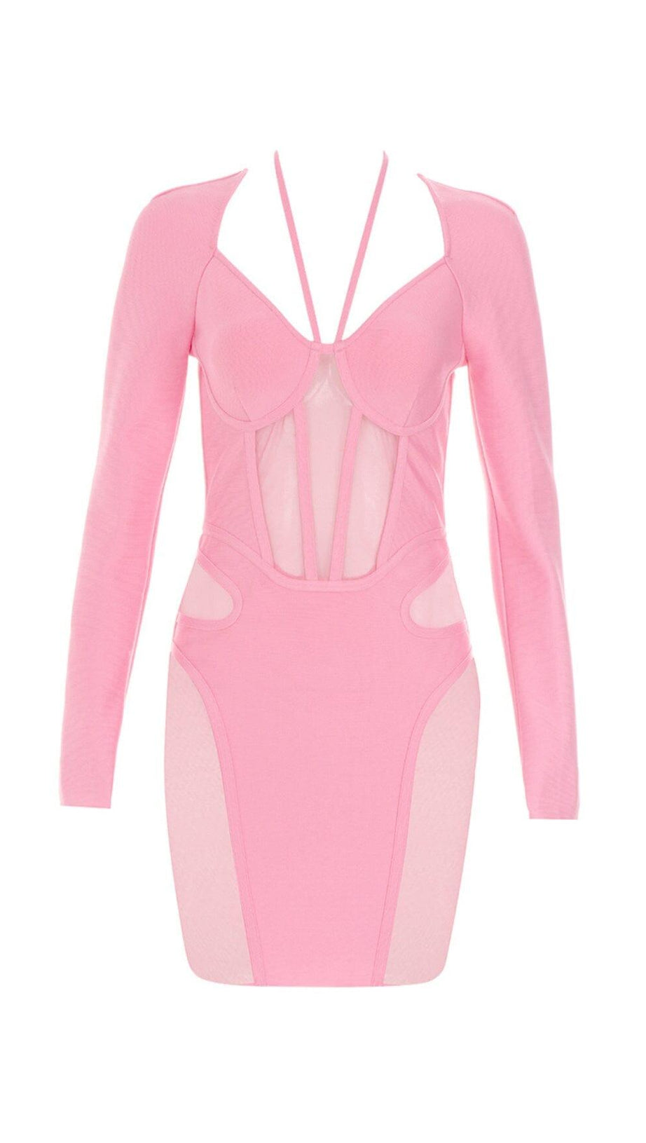 BARBIE PINK MESH FABRIC STITCHED SQUARE-NECK HALTERNECK DRESS