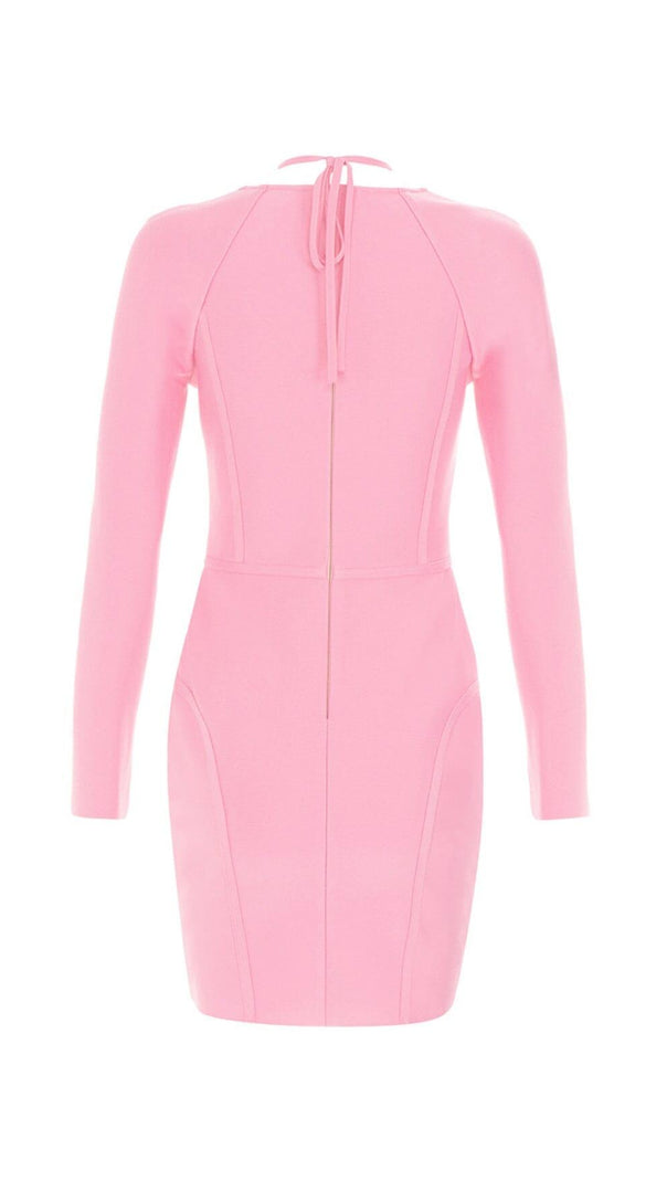 AIIZIE BARBIE PINK MESH FABRIC STITCHED SQUARE-NECK HALTERNECK DRESS - product image