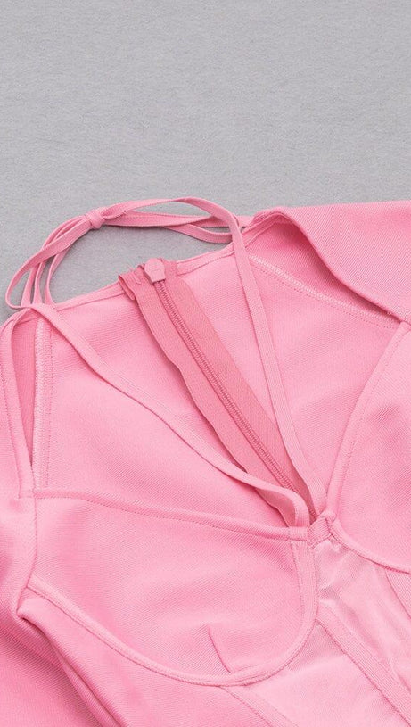 BARBIE PINK MESH FABRIC STITCHED SQUARE-NECK HALTERNECK DRESS