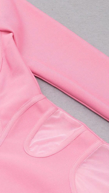 BARBIE PINK MESH FABRIC STITCHED SQUARE-NECK HALTERNECK DRESS