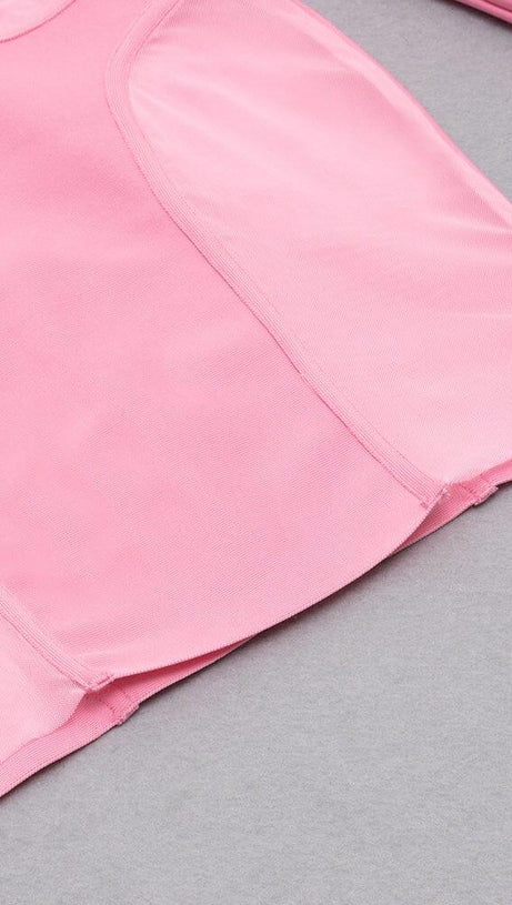 BARBIE PINK MESH FABRIC STITCHED SQUARE-NECK HALTERNECK DRESS