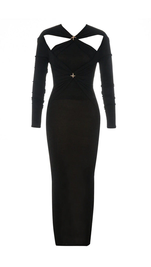 AIIZIE BLACK LEAKY SHOULDER CROSS-LACE-UP SLIM-FIT DRESS - product image