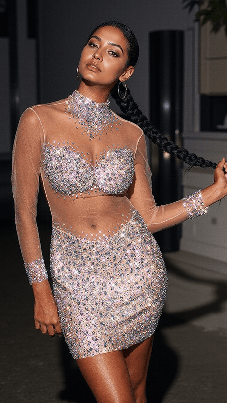 AZAMI MESH CRYSTAL MINI DRESS IN SILVER